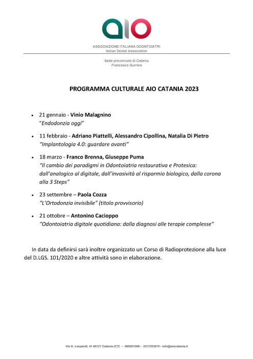 AIO CATANIA 2023 PROGRAMMA EVENTI CULTURALI FORMAZIONE ECCELLENZA ODONTOIATRI ODONTOIATRIA